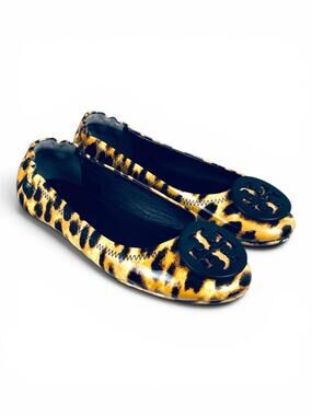 Tory Burch Minnie Travel Leopard Patent Leather Ballet Flats Logo Size 5